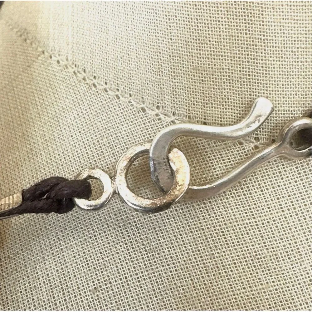 Silver Tone Beaded Leather Necklace with Textured Disc Charms